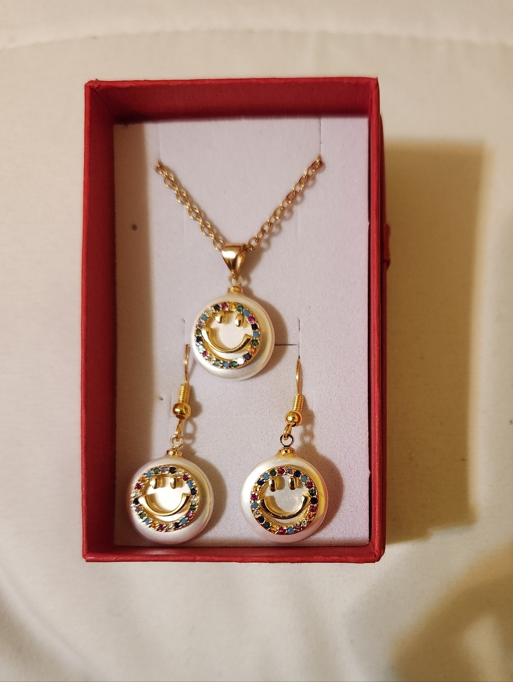 Gold-Tone Smiley Pendant Necklace and Earring Set with Multicolor Accent Stones